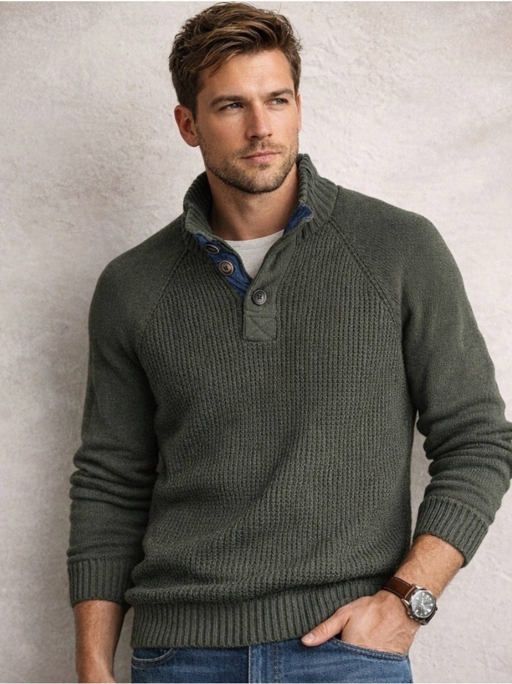 Weatherproof Vintage Men's Olive Crewneck Shawl Placket Sweater NWT